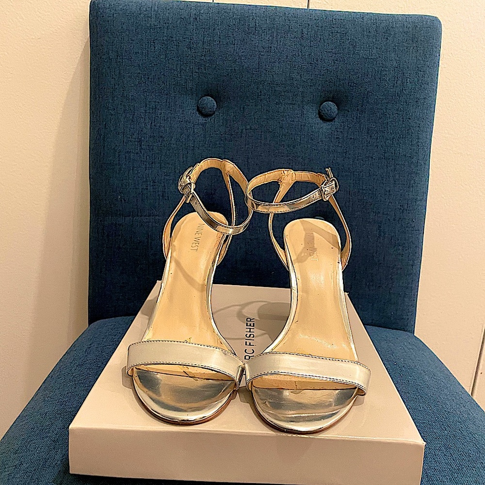 Nine West Women's High Heel Sandals Ankle Strap, Metallic Mirror Silver